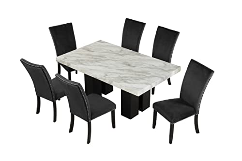 WOZNLA 7-Piece Table Set, Faux Marble Tabletop and 6 Upholstered Chairs, Enhance Your Dining Room Ambiance, Black
