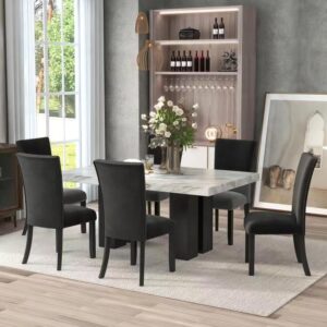 WOZNLA 7-Piece Table Set, Faux Marble Tabletop and 6 Upholstered Chairs, Enhance Your Dining Room Ambiance, Black