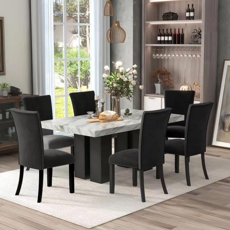 WOZNLA 7-Piece Table Set, Faux Marble Tabletop and 6 Upholstered Chairs, Enhance Your Dining Room Ambiance, Black