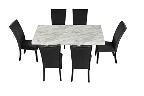 WOZNLA 7-Piece Table Set, Faux Marble Tabletop and 6 Upholstered Chairs, Enhance Your Dining Room Ambiance, Black