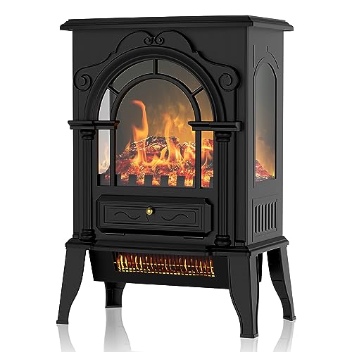 Freestanding Electric Fireplace Stove, 16" Infrared Fireplace Heater with Realistic Flame Effects, Adjustable Brightness and Thermostat, Overheating Safe Design, 1000W/1500W