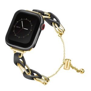 reconmo hollow bracelet for apple watch band 38mm 40mm 41mm, fashion stainless steel with leather strap for iwatch bands series 8 7 6 se 5 4 3 2, light sport apple watch bands 40mm women gold black