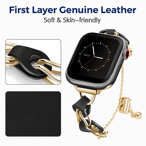 RECONMO Hollow Bracelet for Apple Watch Band 38mm 40mm 41mm, Fashion Stainless Steel with Leather Strap for iWatch Bands Series 8 7 6 SE 5 4 3 2, Light Sport Apple Watch Bands 40mm Women Gold Black