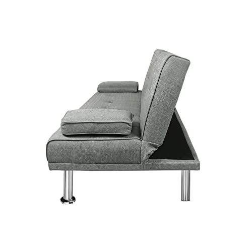 Verfur Convertible Futon Bed with Cupholders,Modern Upholstered Loveseat Sleeper, Folding Lounge Recliner Comfy Sofa & Couches Sofabed, Light Gray 66.2" Linen