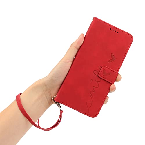 Kainevy for Infinix Hot 9 Play Case Wallet Black with Lanyard Durable Leather Case for Infinix Hot 9 Play Phone Case with Card Holder Buckle Flip Design Protective Cover for Womem Men (Red)