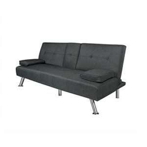 Verfur Convertible Futon Sofa Bed with Cupholders,Modern Upholstered Loveseat Sleeper Couch, Folding Lounge Recliner Comfy Sofa & Couches Sofabed, Dark Gray 66.2" Linen