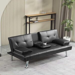 ridfy 66.5” modern futon sofa bed with metal legs/2 cupholders, convertible folding upholstered loveseat, memory foam living seat with removable armrests for compact spaces/apartments/office (black)