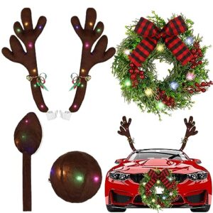yunlly 13 inch christmas car wreath reindeer antlers car kit with led lights, glowing led car reindeer antlers with bells reindeer and nose kit christmas wreath bow decorations car exterior car suv