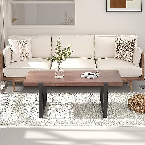 Wooden Coffee Table End Table Modern Cocktail Table Natural Wood Center Table for Living Room Industrial Metal Farmhouse Solid Real Wooden Tea Table (23.62"×51.18"×17.71")