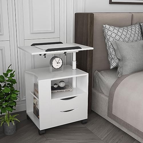 EKSED Multifunctional Height Adjustable Nightstand, Overbed End Table Wooden Night Stand with Swivel Top,Bedside Table with Storage Drawers, Wheels and Open Shelf, Easy Assembly, White