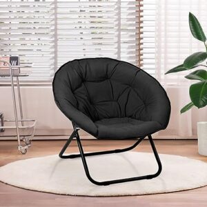 Grezone Folding Saucer Chair, Oversized Lazy Moon Chair with Metal Frame, Comfy Bedroom Chairs for Bedroom, Living Room, Study Black JC