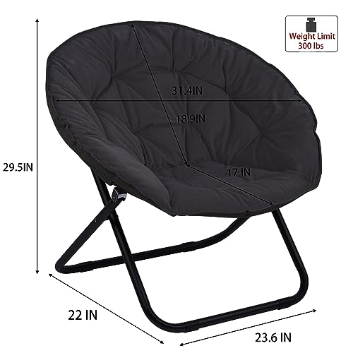 Grezone Folding Saucer Chair, Oversized Lazy Moon Chair with Metal Frame, Comfy Bedroom Chairs for Bedroom, Living Room, Study Black JC