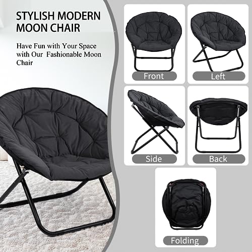 Grezone Folding Saucer Chair, Oversized Lazy Moon Chair with Metal Frame, Comfy Bedroom Chairs for Bedroom, Living Room, Study Black JC