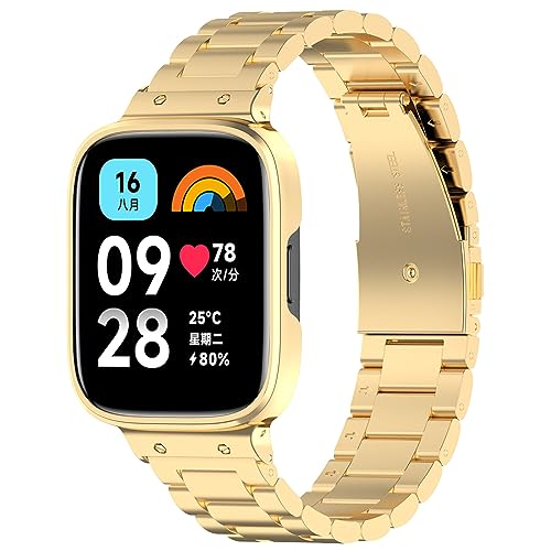 Metal Band Intended for Xiaomi Redmi Watch 3 Active/ Redmi Watch 3 Lite Watch Band for Women Men Metal Stainless Steel Band Replacement Strap Bracelet for Xiaomi Redmi Watch 3 Active Smartwatch (gold)