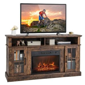 tangkula fireplace tv stand for tvs up to 65 inch, electric fireplace tv console w/remote control, overheat protection, 3-level adjustable brightness, tv entertainment center w/23” fireplace insert