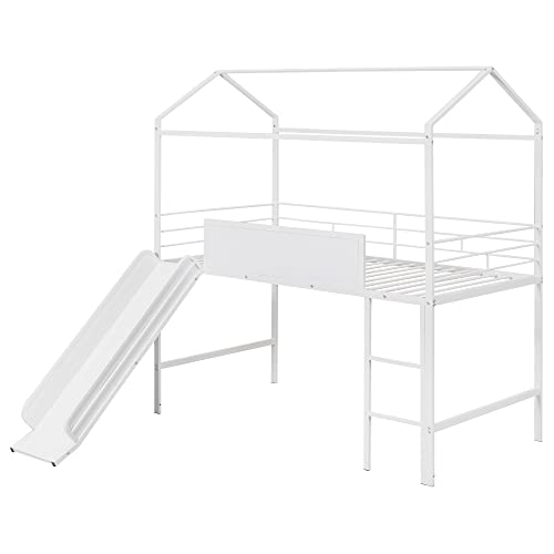 FIQHOME Metal House Bed with Slide, Steel House Bedframe with Roof and Guardrails,Twin Size Metal Loft Bed with Two-Sided Writable Wooden Board for Kids, Teens, Girls, Boys (White)