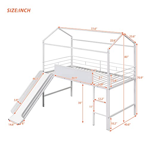 FIQHOME Metal House Bed with Slide, Steel House Bedframe with Roof and Guardrails,Twin Size Metal Loft Bed with Two-Sided Writable Wooden Board for Kids, Teens, Girls, Boys (White)