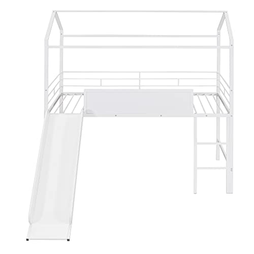 FIQHOME Metal House Bed with Slide, Steel House Bedframe with Roof and Guardrails,Twin Size Metal Loft Bed with Two-Sided Writable Wooden Board for Kids, Teens, Girls, Boys (White)