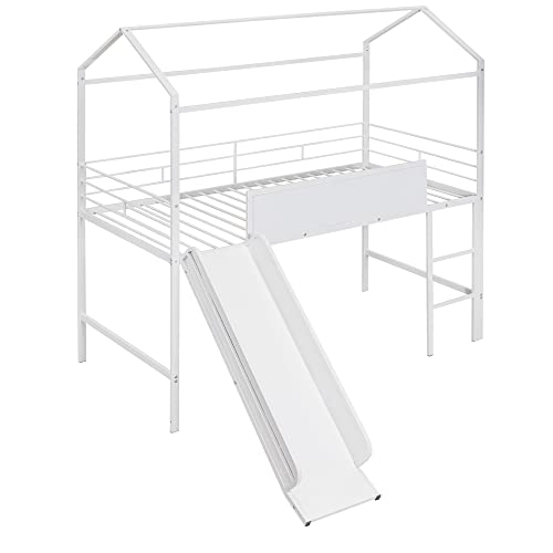 FIQHOME Metal House Bed with Slide, Steel House Bedframe with Roof and Guardrails,Twin Size Metal Loft Bed with Two-Sided Writable Wooden Board for Kids, Teens, Girls, Boys (White)