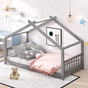 merax twin wood house bed frame with headboard cute montessori platform bed for boys girls,no box spring needed (twin,grey)