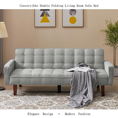 BIVVI Futon Sofa Bed Couch Linen Convertible Sleeper Sofa 73.62 Inch Long Folding Loveseat Couch w/Arms,Upholstered Lounge Sofá Daybed for Small Spaces Living Room, Apartment Office Dorm,Gray