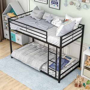optough twin over twin metal bunk bed frame with safety guard rails, heavy duty space-saving design,black