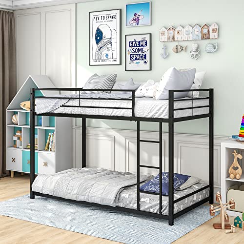 OPTOUGH Twin Over Twin Metal Bunk Bed Frame with Safety Guard Rails, Heavy Duty Space-Saving Design,Black