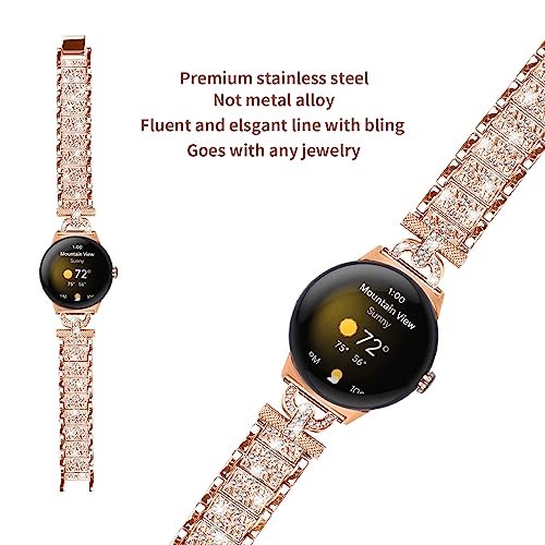 RuiRdot Compatible With Google Pixel 2022 Bling Band, Bling Rhinestones Replacement Band Stainless Steel Smart Wristband Bracelet For Google Pixel SmartWatch 2022 Released (Rose Gold)
