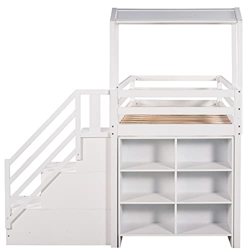 DEYOBED Twin Over Full House Shaped Wooden Bunk Bed with Detachable Loft Bed, Trundle, Storage Staircase, and Shelves - Versatile Sleep and Storage Solution for Kids, Teens, Adults | Twin-Full Size