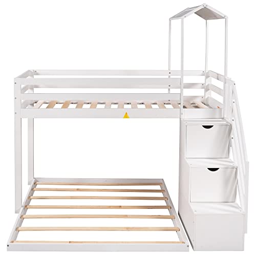 DEYOBED Twin Over Full House Shaped Wooden Bunk Bed with Detachable Loft Bed, Trundle, Storage Staircase, and Shelves - Versatile Sleep and Storage Solution for Kids, Teens, Adults | Twin-Full Size