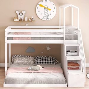 DEYOBED Twin Over Full House Shaped Wooden Bunk Bed with Detachable Loft Bed, Trundle, Storage Staircase, and Shelves - Versatile Sleep and Storage Solution for Kids, Teens, Adults | Twin-Full Size