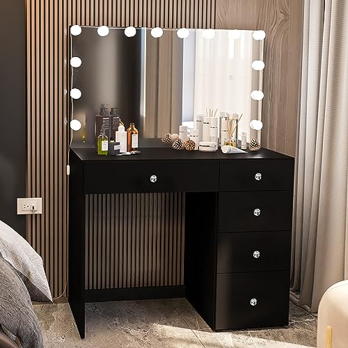 Boahaus Matilda Vanity Makeup Desk, Elegant White Bedroom Set with a Full-Width Mirror, 5 Drawers, Crystal Knobs - Ideal Modern Makeup Vanity with Ample Storage