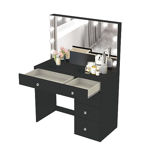 Boahaus Matilda Vanity Makeup Desk, Elegant White Bedroom Set with a Full-Width Mirror, 5 Drawers, Crystal Knobs - Ideal Modern Makeup Vanity with Ample Storage