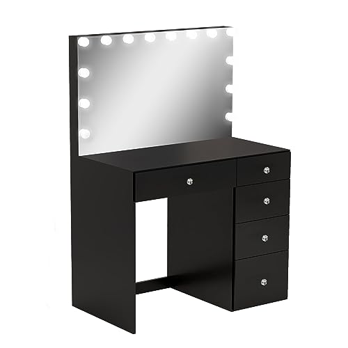 Boahaus Matilda Vanity Makeup Desk, Elegant White Bedroom Set with a Full-Width Mirror, 5 Drawers, Crystal Knobs - Ideal Modern Makeup Vanity with Ample Storage