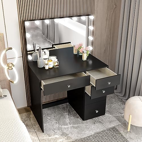 Boahaus Matilda Vanity Makeup Desk, Elegant White Bedroom Set with a Full-Width Mirror, 5 Drawers, Crystal Knobs - Ideal Modern Makeup Vanity with Ample Storage