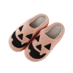 odyqig halloween pumpkin slippers for womens mens plush warm spooky lantern pumpkin slippers house shoes black-41-42