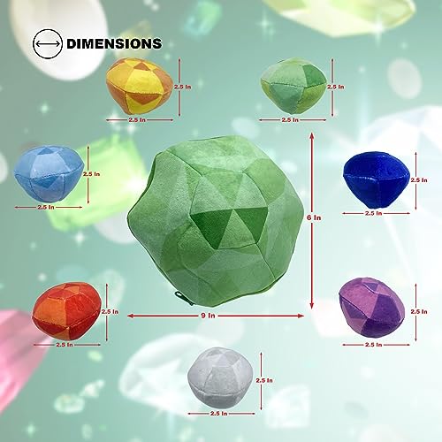 JDS Toy Store 9’’ Master Emerald Stuffed Toy Set with 7 Chaos Emerald, 2.5” Gems Inside; Gifts for Gamers - [Green, Red, Blue, Yellow, Purple, Cyan, and Gray]