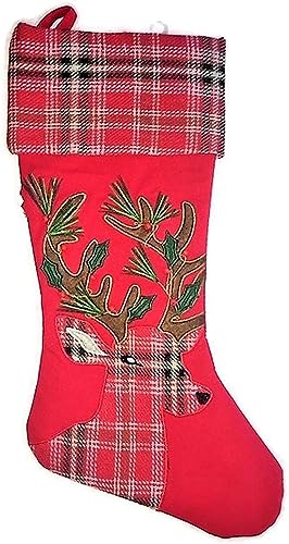 Deer Christmas Stockings for Rustic Cabin Camp Lodge Decor - 18" Embroidered Reindeer, Holiday Red Plaid