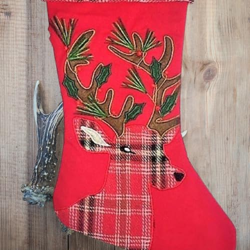 Deer Christmas Stockings for Rustic Cabin Camp Lodge Decor - 18" Embroidered Reindeer, Holiday Red Plaid