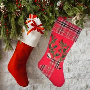 Deer Christmas Stockings for Rustic Cabin Camp Lodge Decor - 18" Embroidered Reindeer, Holiday Red Plaid