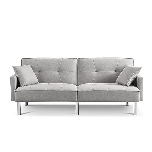 HomePop Upholstered Futon Bed with Chrome Legs, Modern Sofa Couches for Living Room, Small Spaces, Dorm, Apartment Sofabed, Standard, Light Grey