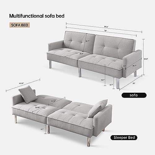 HomePop Upholstered Futon Bed with Chrome Legs, Modern Sofa Couches for Living Room, Small Spaces, Dorm, Apartment Sofabed, Standard, Light Grey