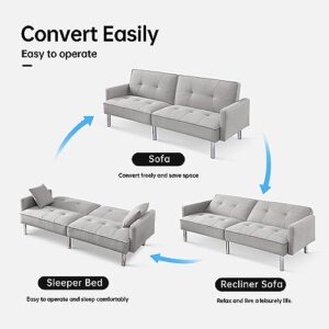 HomePop Upholstered Futon Bed with Chrome Legs, Modern Sofa Couches for Living Room, Small Spaces, Dorm, Apartment Sofabed, Standard, Light Grey