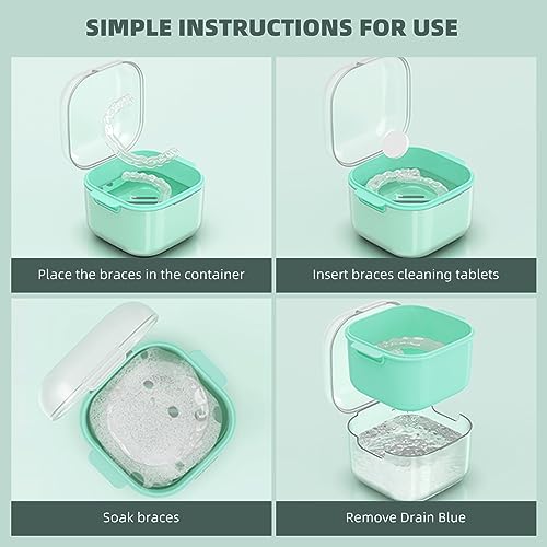 OFIDUS Denture Bath Case, Denture Cups for Soaking Dentures, Retainer Cleaning Case with Strainer Basket, Portable False Teeth Container, Soak Container for Retainer, Braces, Mouthguard (Green)