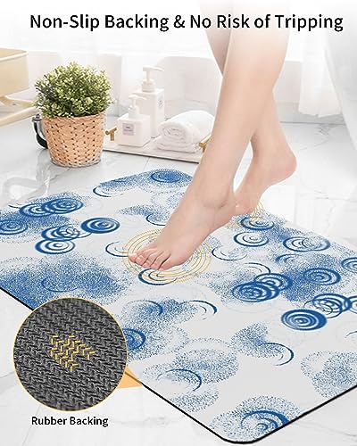 Gogobebe Super Absorbent Diatom Mud Mat Abstract Polypropylene Vintage Texture Blue White Quick-Drying Thin Bath Mat Non-Slip Bathtub Mat Anti-Skid Rubber Bathroom Shower Mat 20x32in