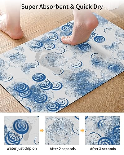 Gogobebe Super Absorbent Diatom Mud Mat Abstract Polypropylene Vintage Texture Blue White Quick-Drying Thin Bath Mat Non-Slip Bathtub Mat Anti-Skid Rubber Bathroom Shower Mat 20x32in