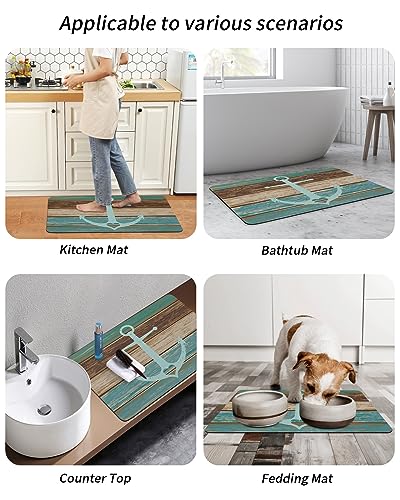 Gogobebe Super Absorbent Diatom Mud Mat Ocean Marine Theme Anchor on Turquoise Wooden Board Quick-Drying Thin Bath Mat Non-Slip Bathtub Mat Anti-Skid Rubber Bathroom Shower Mat 16x24in