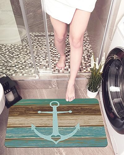 Gogobebe Super Absorbent Diatom Mud Mat Ocean Marine Theme Anchor on Turquoise Wooden Board Quick-Drying Thin Bath Mat Non-Slip Bathtub Mat Anti-Skid Rubber Bathroom Shower Mat 16x24in