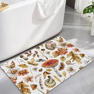 Gogobebe Super Absorbent Diatom Mud Mat Fall Thanksgiving Mushroom Retro Rustic Floral Botanical Leaves Quick-Drying Thin Bath Mat Non-Slip Bathtub Mat Anti-Skid Rubber Bathroom Shower Mat 16x24in