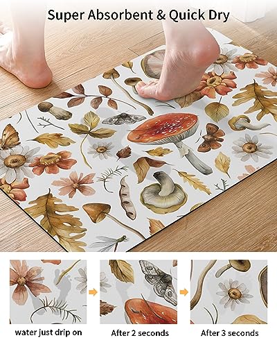 Gogobebe Super Absorbent Diatom Mud Mat Fall Thanksgiving Mushroom Retro Rustic Floral Botanical Leaves Quick-Drying Thin Bath Mat Non-Slip Bathtub Mat Anti-Skid Rubber Bathroom Shower Mat 16x24in